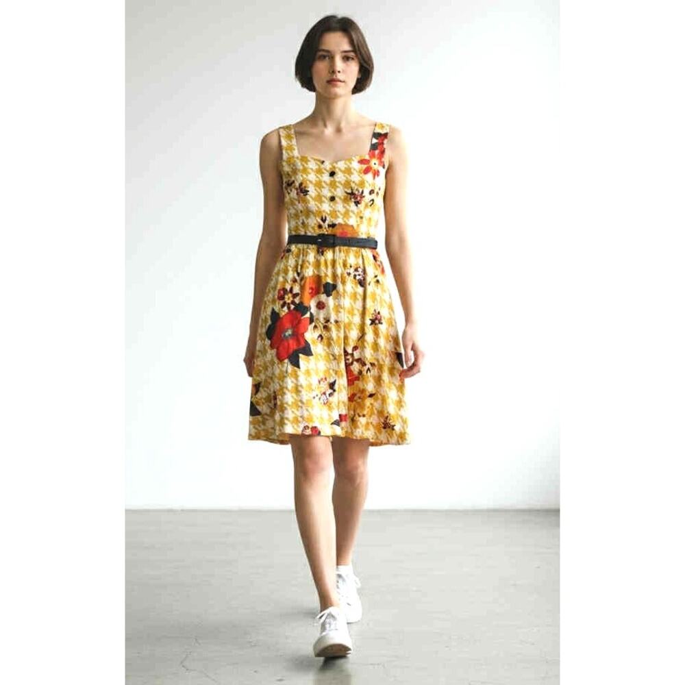 ModCloth Yellow Houndstooth Floral Fit & Flare Dress Size XS Belted Cotton Retro